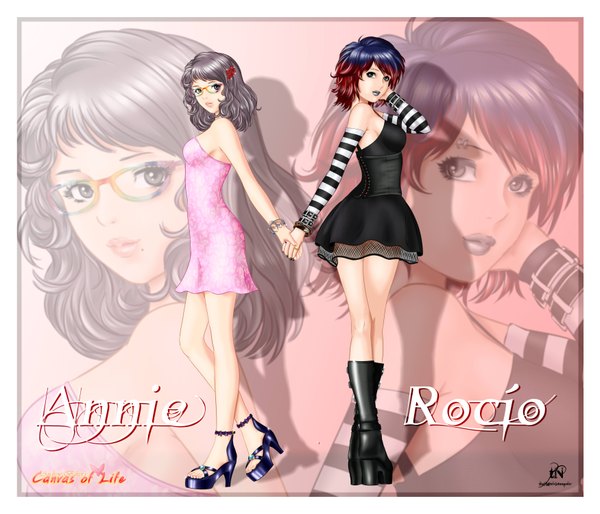 Anime picture 3500x3000 with canvas of life (manga) rocio (canvas of life) annie (canvas of life) thenightwishmaster looking at viewer highres short hair multiple girls blue hair absurdres red hair nail polish multicolored hair fingernails lips grey hair two-tone hair grey eyes high heels lipstick