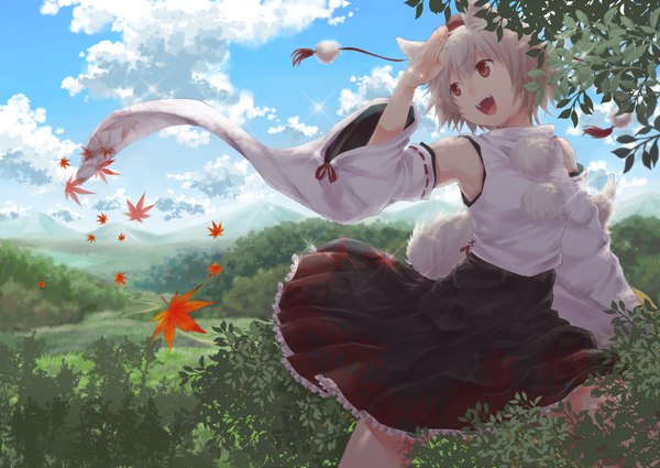 Anime picture 1800x1277 with touhou inubashiri momiji fujian highres short hair open mouth red eyes standing animal ears looking away sky cloud (clouds) white hair long sleeves wind cat ears happy skirt detached sleeves leaf (leaves)