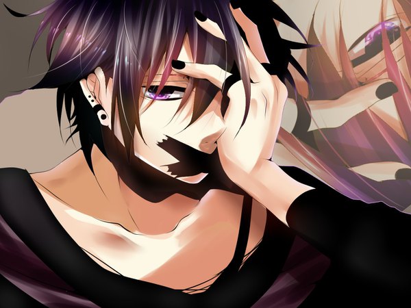 Anime picture 1400x1050 with nico nico singer fukuwa inori single looking at viewer fringe short hair purple eyes purple hair long sleeves nail polish hair over one eye piercing portrait ear piercing covered mouth black nail polish hand on face messy hair boy