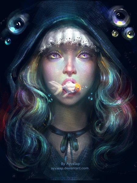 Anime picture 1536x2048 with ayyasap single long hair tall image looking at viewer holding signed multicolored hair lips realistic mouth hold wavy hair multicolored eyes girl animal hood fish (fishes) hoodie