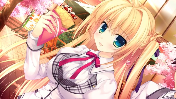 Anime picture 1280x720 with alia's carnival! sakurakouji tsukuyomi nanao naru long hair looking at viewer blush open mouth blue eyes blonde hair wide image game cg one side up cherry blossoms girl uniform plant (plants) school uniform tree (trees)