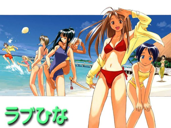 Anime picture 1024x768 with love hina narusegawa naru akamatsu ken light erotic beach everyone girl swimsuit bikini white bikini red bikini