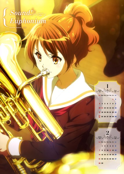 Anime picture 4968x6959 with hibike! euphonium kyoto animation oumae kumiko single tall image highres short hair brown hair brown eyes looking away absurdres scan calendar 2016 girl uniform school uniform musical instrument calendar euphonium