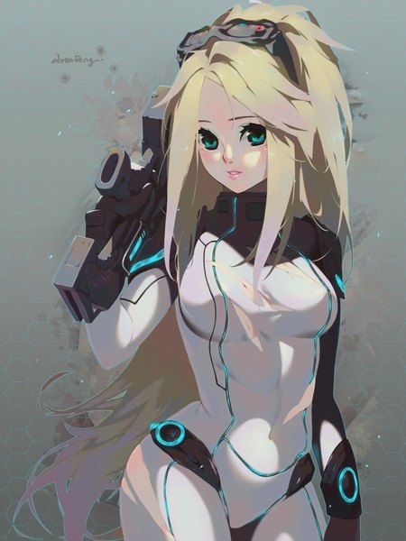 Anime picture 1200x1600 with starcraft blizzard entertainment nova (starcraft) waterring single tall image looking at viewer breasts blonde hair green eyes very long hair goggles on head girl weapon gun bodysuit goggles