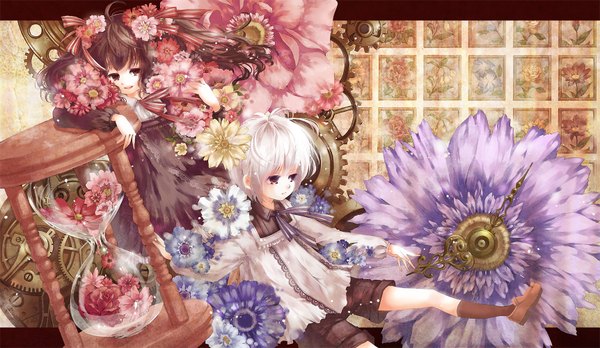 Anime picture 1723x1000 with mirusa highres brown hair wide image white hair mechanical girl boy flower (flowers) shorts clock child (children) hourglass