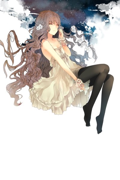 Anime picture 2000x3000 with original hyunni single long hair tall image fringe highres brown hair bare shoulders eyes closed hair flower night no shoes night sky wavy hair girl dress hair ornament flower (flowers) pantyhose