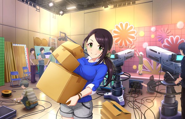 Anime picture 1280x824 with idolmaster idolmaster cinderella girls yamato aki long hair looking at viewer blush black hair smile green eyes multiple boys girl boy shorts box people