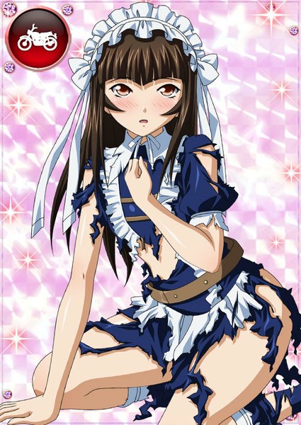 Anime picture 567x800 with ikkitousen teni single long hair tall image looking at viewer blush open mouth light erotic brown hair brown eyes torn clothes card (medium) girl dress lolita hairband