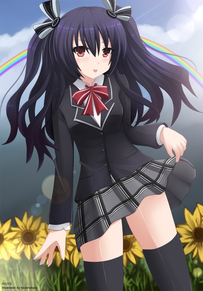 Anime picture 1100x1576 with choujigen game neptune hyperdimension neptunia mk2 uni (choujigen game neptune) kazenokaze single long hair tall image blush black hair red eyes zettai ryouiki :p girl thighhighs skirt uniform bow black thighhighs hair bow school uniform