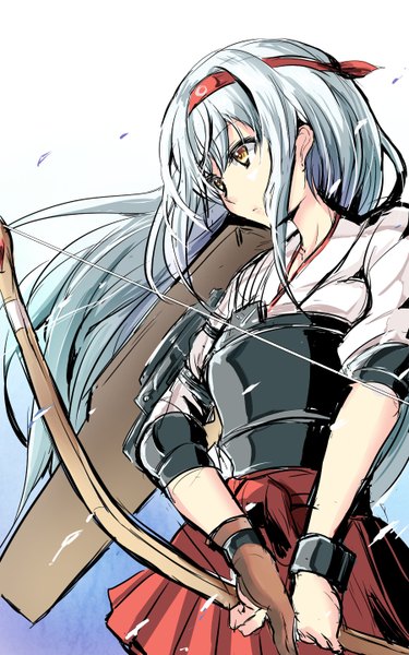 Anime picture 900x1440 with kantai collection shoukaku aircraft carrier gin'ichi (akacia) single long hair tall image simple background white background yellow eyes white hair wind looking down sketch girl skirt weapon bracelet armor headband bow (weapon)