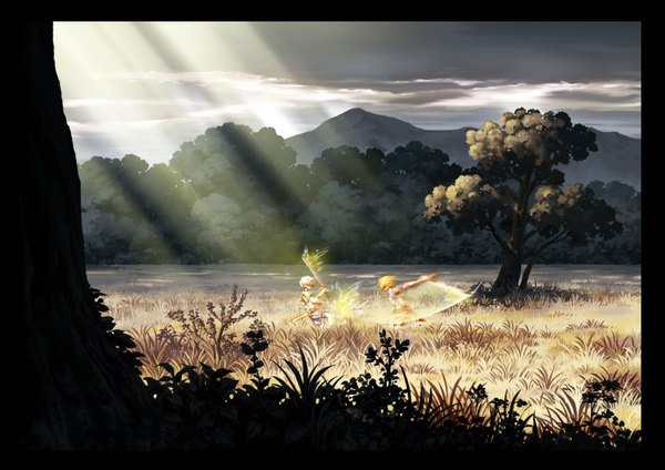 Anime picture 1668x1181 with original shjjy 296 blonde hair cloud (clouds) white hair sunlight battle hair over eyes plant (plants) sword tree (trees) shorts armor katana grass fire forest