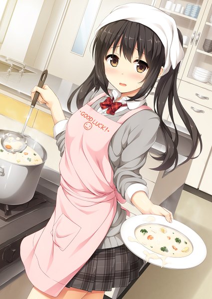 Anime picture 992x1400 with original nakamura sumikage single long hair tall image looking at viewer blush open mouth black hair standing twintails brown eyes embarrassed cooking girl skirt uniform school uniform food apron