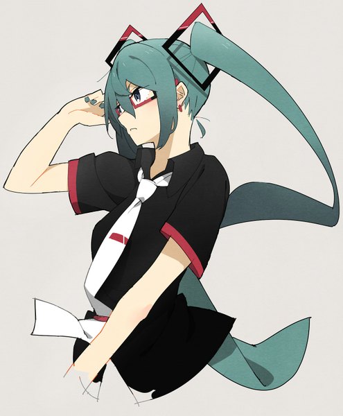 Anime picture 1280x1552 with vocaloid hatsune miku onioohashi single long hair tall image simple background twintails nail polish profile aqua eyes aqua hair grey background aqua nail polish girl earrings glasses necktie