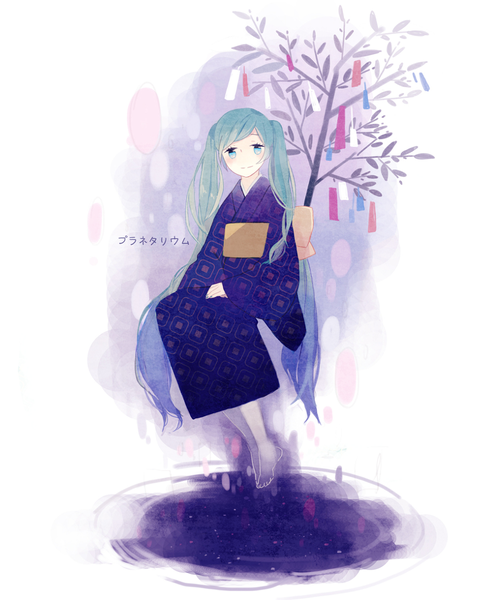 Anime picture 1000x1200 with vocaloid hatsune miku kyang692 single tall image looking at viewer blush blue eyes simple background smile white background twintails very long hair japanese clothes barefoot aqua hair tanabata girl plant (plants) tree (trees)