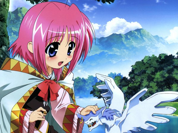 Anime picture 1600x1200 with mahou shoujo lyrical nanoha strikers caro ru lushe friedrich blush fringe short hair open mouth blue eyes smile holding payot pink hair sky cloud (clouds) upper body outdoors eyes closed long sleeves wide sleeves leaning