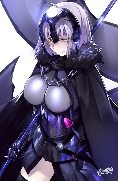 Anime picture 1300x2000 with fate (series) fate/grand order fate/apocrypha jeanne d'arc (fate) (all) jeanne d'arc alter (fate) onoderaonoderao single tall image short hair breasts light erotic simple background smile large breasts white background holding signed yellow eyes silver hair upper body