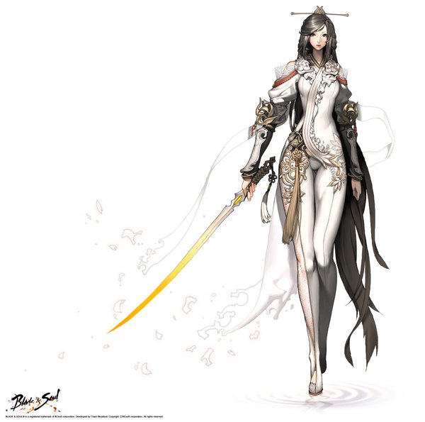 Anime picture 7191x7140 with blade & soul kim hyung tae single looking at viewer fringe highres black hair standing absurdres very long hair lips grey eyes girl hair ornament weapon sword katana bodysuit