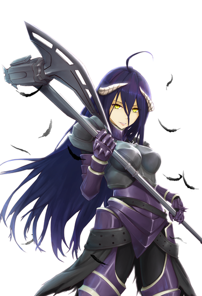 Anime picture 1600x2333 with overlord (maruyama) madhouse albedo (overlord) notasuspiciousguy single long hair tall image looking at viewer fringe simple background hair between eyes standing white background yellow eyes purple hair ahoge horn (horns) demon girl girl gloves