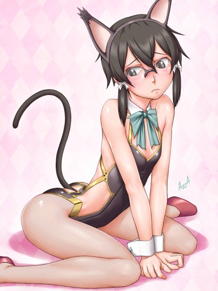 Anime picture 900x1200 with sword art online a-1 pictures asada shino ^jj^ single tall image blush fringe short hair light erotic black hair sitting twintails signed animal ears looking away tail animal tail black eyes cat ears
