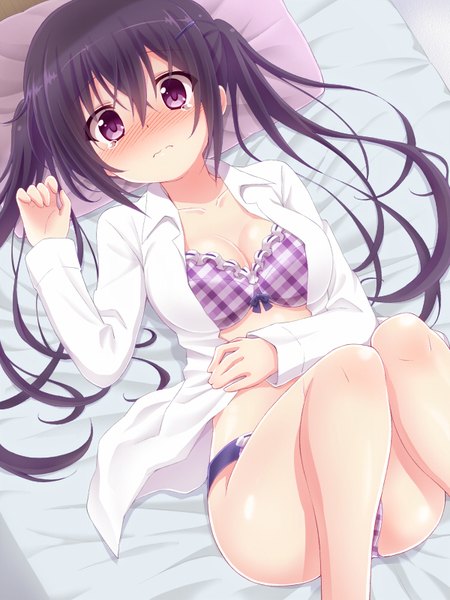 Anime picture 600x800 with gochuumon wa usagi desu ka? white fox tedeza rize pikuharu single long hair tall image looking at viewer blush light erotic twintails purple eyes purple hair open shirt girl underwear panties shirt lingerie bra