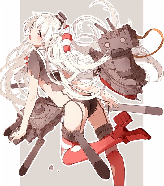 Anime picture 883x1000 with kantai collection amatsukaze destroyer rensouhou-kun nine (liuyuhao1992) long hair tall image looking at viewer blush light erotic brown eyes silver hair ass two side up torn clothes turning head lace-trimmed panties girl thighhighs hair ornament underwear
