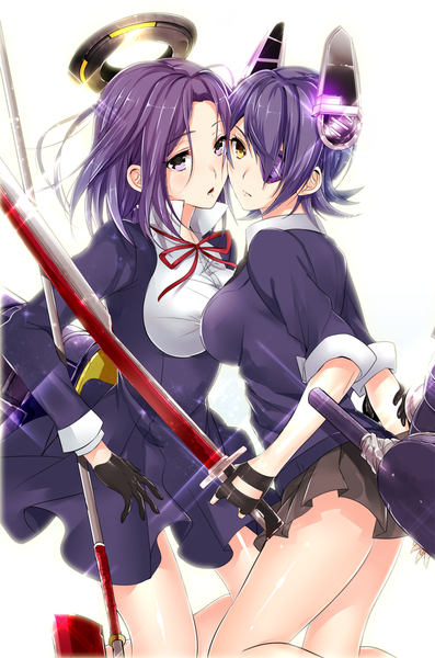 Anime picture 700x1057 with kantai collection tenryuu light cruiser tatsuta light cruiser okia tall image looking at viewer blush short hair breasts simple background large breasts white background purple eyes multiple girls yellow eyes purple hair shiny skin girl dress skirt