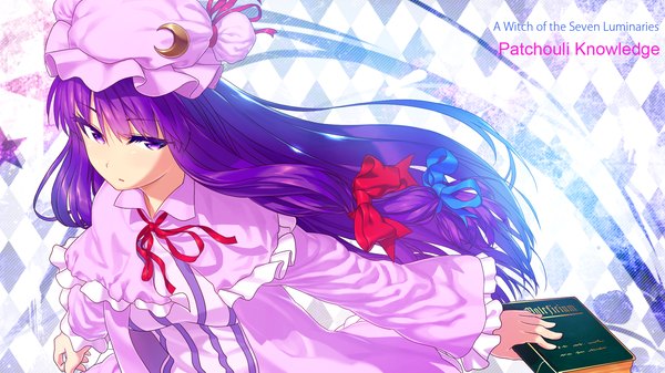 Anime picture 1920x1080 with touhou patchouli knowledge tahoo single long hair looking at viewer highres wide image purple eyes purple hair checkered background girl dress bow hair bow book (books) bonnet