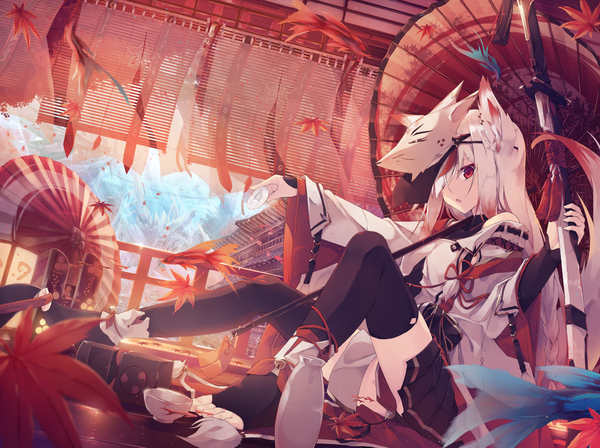 Anime picture 2047x1530 with original nagishiro mito single long hair fringe highres red eyes sitting animal ears white hair tail braid (braids) animal tail hair over one eye fox ears outstretched arm fox tail fox girl mask on head architecture