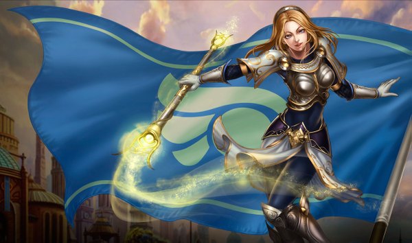 Anime picture 1215x717 with league of legends lux (league of legends) tagme (artist) single long hair breasts blonde hair wide image standing yellow eyes sky cloud (clouds) magic glowing girl gloves boots hairband armor thigh boots