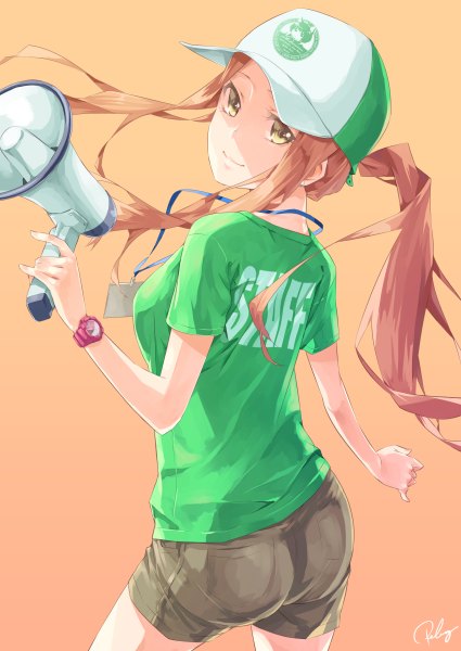 Anime picture 850x1200 with original re lucy single long hair tall image brown hair yellow eyes ponytail girl shorts clock flat cap pocket watch megaphone