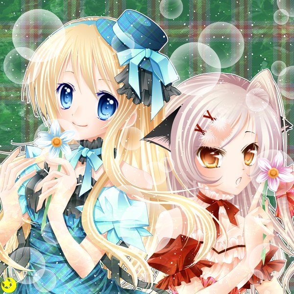 Anime picture 1400x1400 with original midzuki long hair looking at viewer blue eyes blonde hair smile multiple girls animal ears silver hair cat ears orange eyes girl flower (flowers) bow 2 girls hat frills bubble (bubbles)