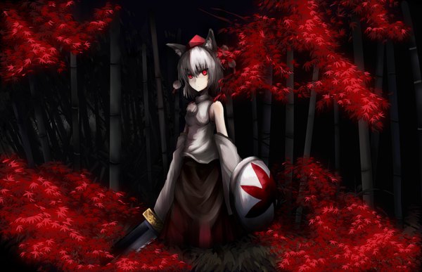 Anime picture 1800x1162 with touhou inubashiri momiji ayaya (artist) single highres short hair red eyes bare shoulders animal ears white hair wolf ears girl plant (plants) detached sleeves sword leaf (leaves) shield tokin hat bamboo