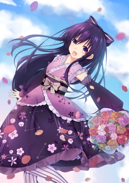 Anime picture 3507x4960 with date a live yatogami tooka mo_ single long hair tall image looking at viewer fringe highres hair between eyes purple eyes absurdres sky purple hair cloud (clouds) outdoors wind leaning dutch angle floral print