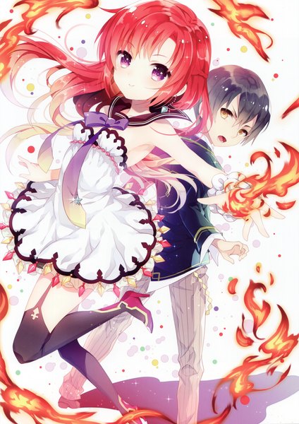 Anime picture 2970x4204 with original wasabi (sekai) long hair tall image looking at viewer blush highres short hair open mouth black hair smile purple eyes brown eyes red hair girl thighhighs dress boy black thighhighs fire