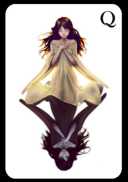 Anime picture 1600x2263 with original pguilty long hair tall image black hair simple background white background bare shoulders multiple girls eyes closed long sleeves grey eyes dark skin hand on chest scar framed upside down girl dress 2 girls