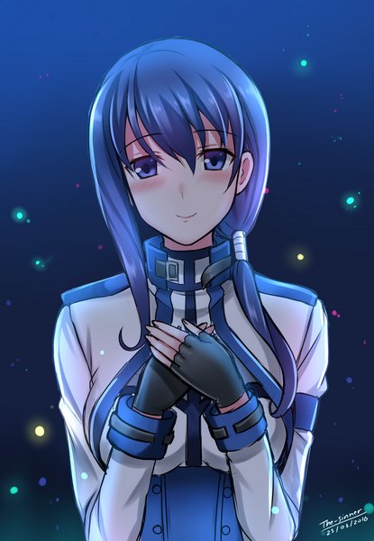 Anime picture 968x1400 with hai to gensou no grimgar a-1 pictures merry (grimgar) the-sinner single long hair tall image looking at viewer blush fringe breasts blue eyes simple background smile hair between eyes large breasts signed payot blue hair upper body