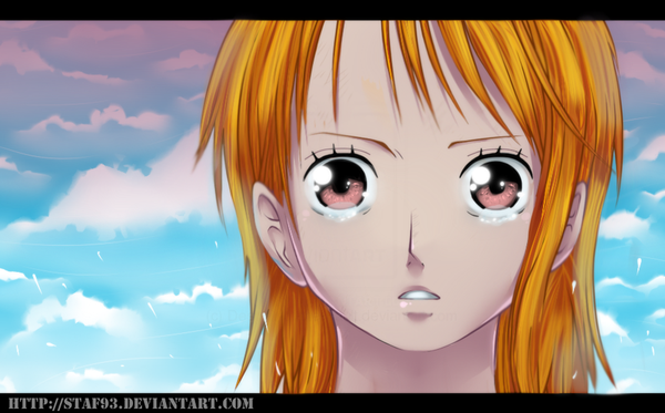 Anime picture 1000x622 with one piece toei animation nami (one piece) staf93 single long hair wide image sky cloud (clouds) pink eyes orange hair tears coloring portrait face girl