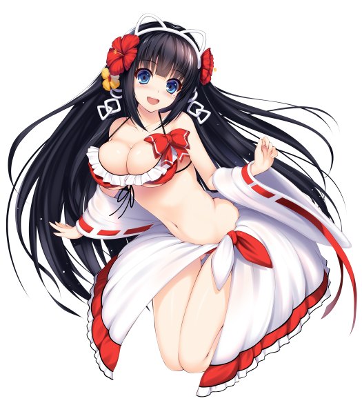 Anime picture 1050x1200 with original migumigu single long hair tall image looking at viewer blush breasts open mouth blue eyes light erotic black hair large breasts white background cleavage hair flower girl navel hair ornament flower (flowers)