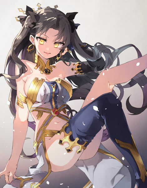 Anime picture 1168x1489 with fate (series) fate/grand order toosaka rin ishtar (fate) chibirisu single long hair tall image breasts light erotic black hair sitting bare shoulders yellow eyes cleavage parted lips midriff two side up gradient background sideboob