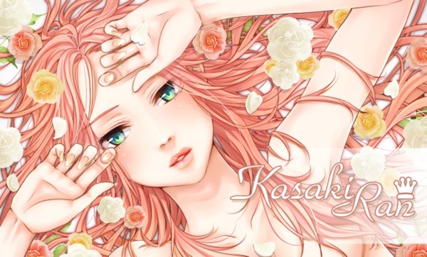 Anime picture 1253x757 with nico nico singer kasaki ran masami chie single long hair blush wide image green eyes pink hair lying parted lips fingernails lips inscription close-up face long fingernails girl flower (flowers) petals