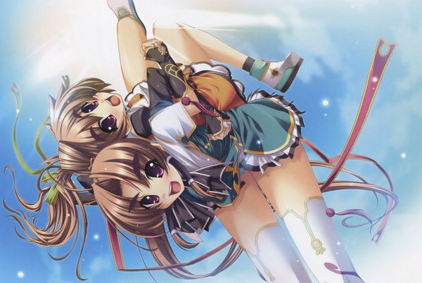 Anime picture 1932x1297 with koihime musou doga kobo batai long hair highres purple eyes multiple girls sky sunlight laughing girl thighhighs 2 girls white thighhighs