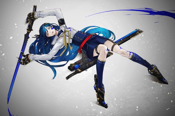 Anime picture 1515x1000 with original yucca-612 (neco) single looking at viewer open mouth yellow eyes blue hair lying very long hair on back facial mark girl skirt gloves weapon sword socks belt thigh strap sheath