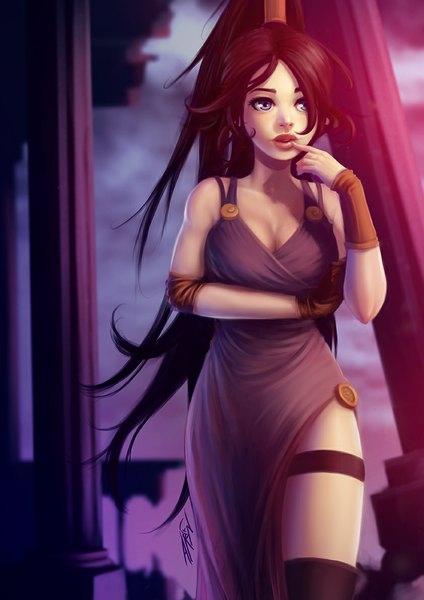 Anime picture 842x1191 with rafaarsen single long hair tall image fringe black hair purple eyes signed looking away cleavage ponytail lips finger to mouth girl thighhighs dress black thighhighs