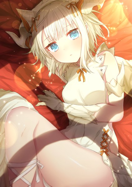 Anime picture 2894x4093 with puzzle & dragons miru (p&d) akirannu single tall image looking at viewer blush highres short hair light erotic bare shoulders payot white hair lying horn (horns) aqua eyes from above :o lens flare on side