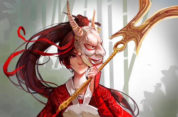 Anime picture 1700x1120 with league of legends akali (league of legends) mconch single long hair looking at viewer red eyes brown hair holding ponytail traditional clothes horn (horns) chinese clothes mask on head girl weapon mask