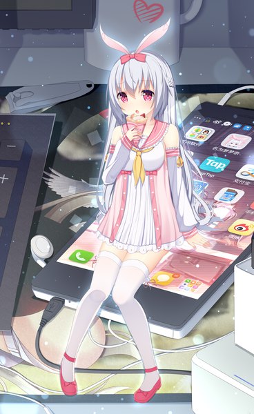 Anime picture 2666x4339 with org.alie.momona momona (mvv) jyt single long hair tall image looking at viewer blush fringe highres open mouth hair between eyes sitting holding animal ears silver hair full body bent knee (knees) pink eyes arm support