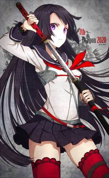 Anime picture 710x1159 with 7th dragon 2020 rin yuu single long hair tall image looking at viewer fringe black hair simple background standing purple eyes holding signed pleated skirt grey background zettai ryouiki copyright name serious sheathed unsheathing
