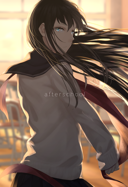 Anime picture 1249x1812 with original saitou (lynx-shrike) single long hair tall image looking at viewer fringe blue eyes black hair hair between eyes standing indoors long sleeves looking back blurry depth of field text english girl skirt