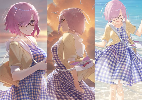 Anime picture 1200x850 with fate (series) fate/grand order mash kyrielight fou (fate) hayashi kewi single looking at viewer blush fringe short hair breasts open mouth smile large breasts standing purple eyes pink hair sky cloud (clouds) outdoors