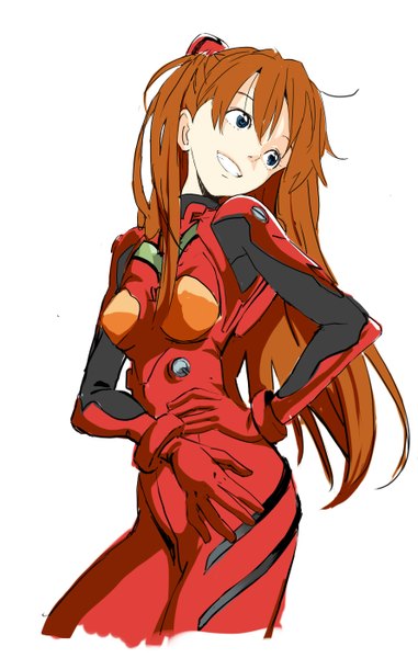 Anime picture 890x1400 with neon genesis evangelion gainax soryu asuka langley magomago single long hair tall image blue eyes simple background smile brown hair white background looking away hand on hip grin girl bodysuit